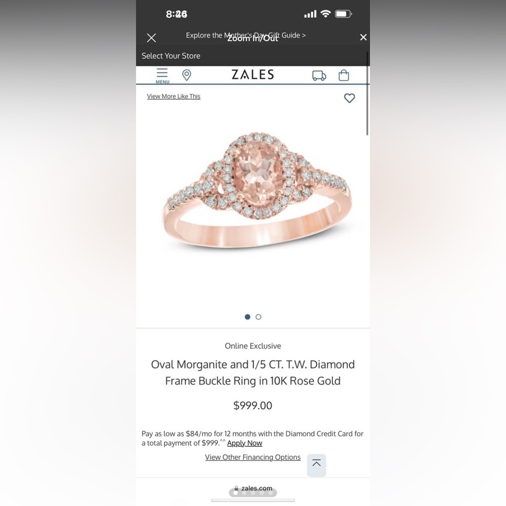 Zales Morganite and Diamond Ring.  NEVER WORN size 7